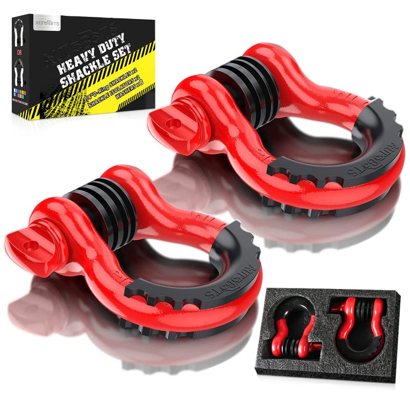 AUTOBOTS Bow Shackles 3/4" D Ring Shackle (2 Pack), 48,000Ib Break Strength with 7/8" Pin, 2 Isolator and 4 Washers Kit for Offroad Vehicle Truck Recovery Red - Image 1